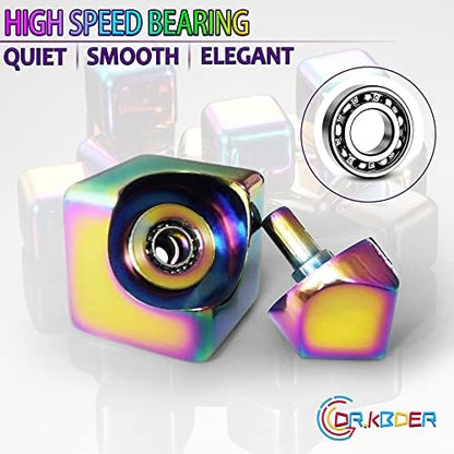 Dr.Kbder aluminum alloy infinity block being spun between fingers to demonstrate its smooth gyroscope rotation.