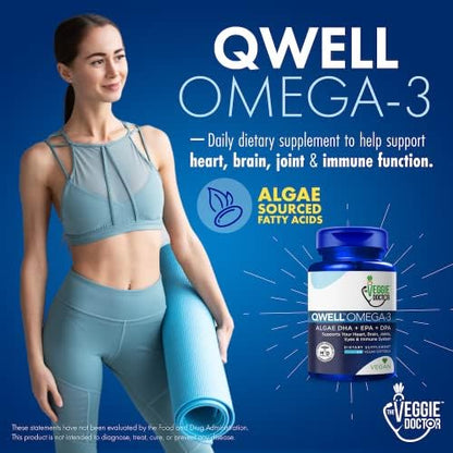 The Veggie Doctor Algae Omega 3 plant based alternative capsules showing non GMO and carrageenan free certifications