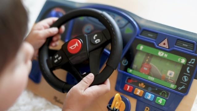 Child playing with screen free sensory toy dashboard illustrating fine motor skill development