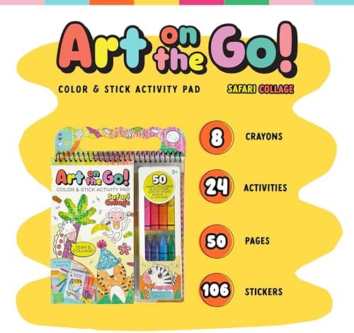 Bright Stripes Safari collage kit opened showing fifty page pad and chunky crayons