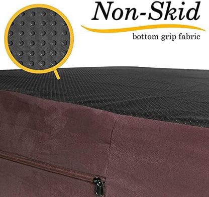 Jumbo size brown pet mattress cover laid out to show the thick pillow compartment fit.