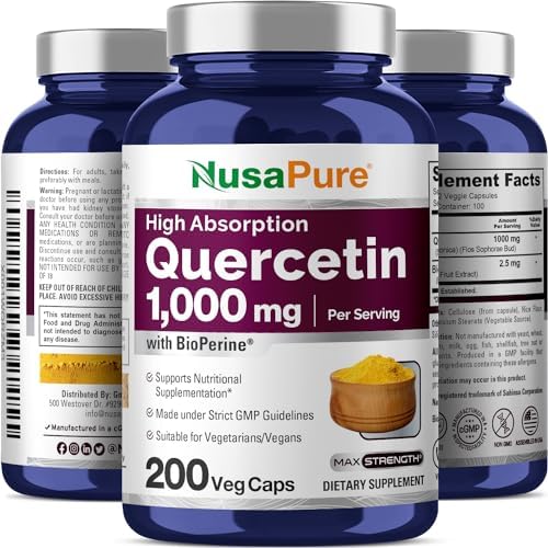NusaPure Quercetin bottle side profile showing quality seals