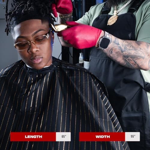 Premium haircutting cape highlighting the extra long back drape for chair protection