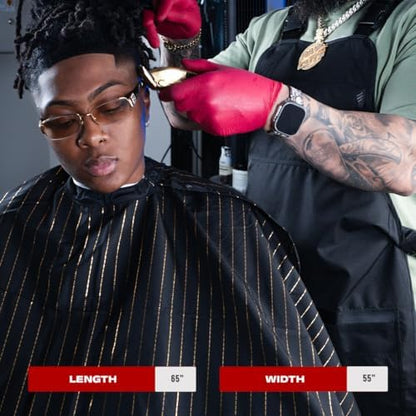 Premium haircutting cape highlighting the extra long back drape for chair protection