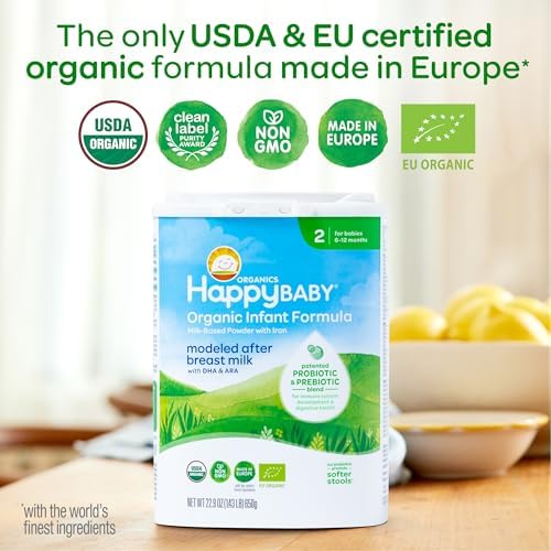 Close up view of the premium dual prebiotics and probiotics label on the Stage 2 baby formula container.