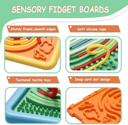 Close up of textured silicone fidget board with woven colorful strings