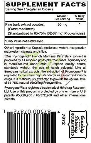 Zen Supplements Pycnogenol 60 vegetarian capsules supplement facts nutrition label