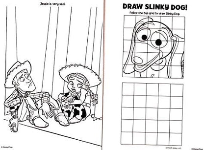 Back cover of USA imported Disney Toy Story coloring book displaying the cutout stand up characters feature