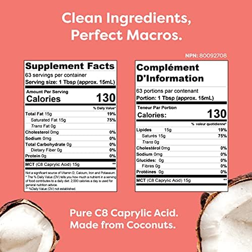 Kiss My Keto C8 MCT liquid fat supplement bottle placed next to keto recipe ingredients
