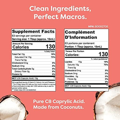 Kiss My Keto C8 MCT liquid fat supplement bottle placed next to keto recipe ingredients