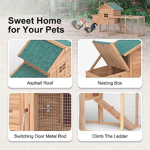 Outdoor Chicken Coop for 2-4 Chickens Wooden Hen House Poultry Pet Hutch Run Cage w/Waterproof Asphalt Roof, Ramp, Nesting Box, Wire Fence (80") - Image 3