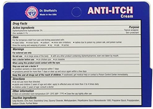 Dr. Sheffield Extra Strength formula tube displaying product facts and active antihistamine ingredients.
