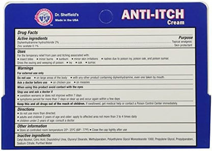 Dr. Sheffield Extra Strength formula tube displaying product facts and active antihistamine ingredients.