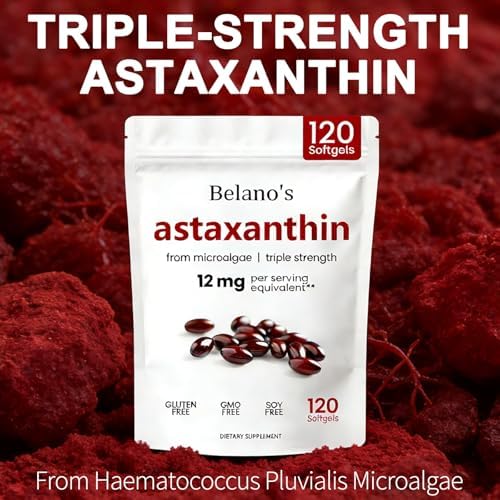 Belano's Astaxanthin natural antioxidant supplement one hundred and twenty softgels packaging