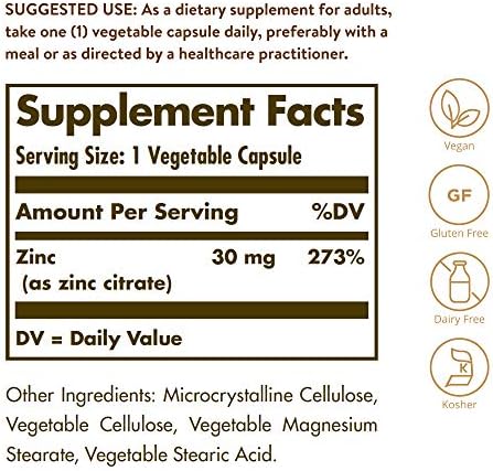 Solgar Zinc Citrate supplement facts panel showing 30mg dosage and premium ingredients