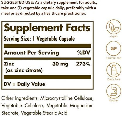 Solgar Zinc Citrate supplement facts panel showing 30mg dosage and premium ingredients