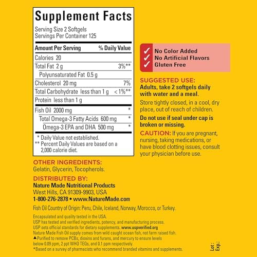Nature Made Omega 3 supplement bottle showing the supplement facts and active ingredients list.