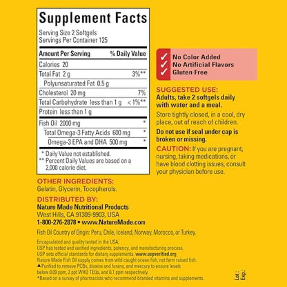 Nature Made Omega 3 supplement bottle showing the supplement facts and active ingredients list.