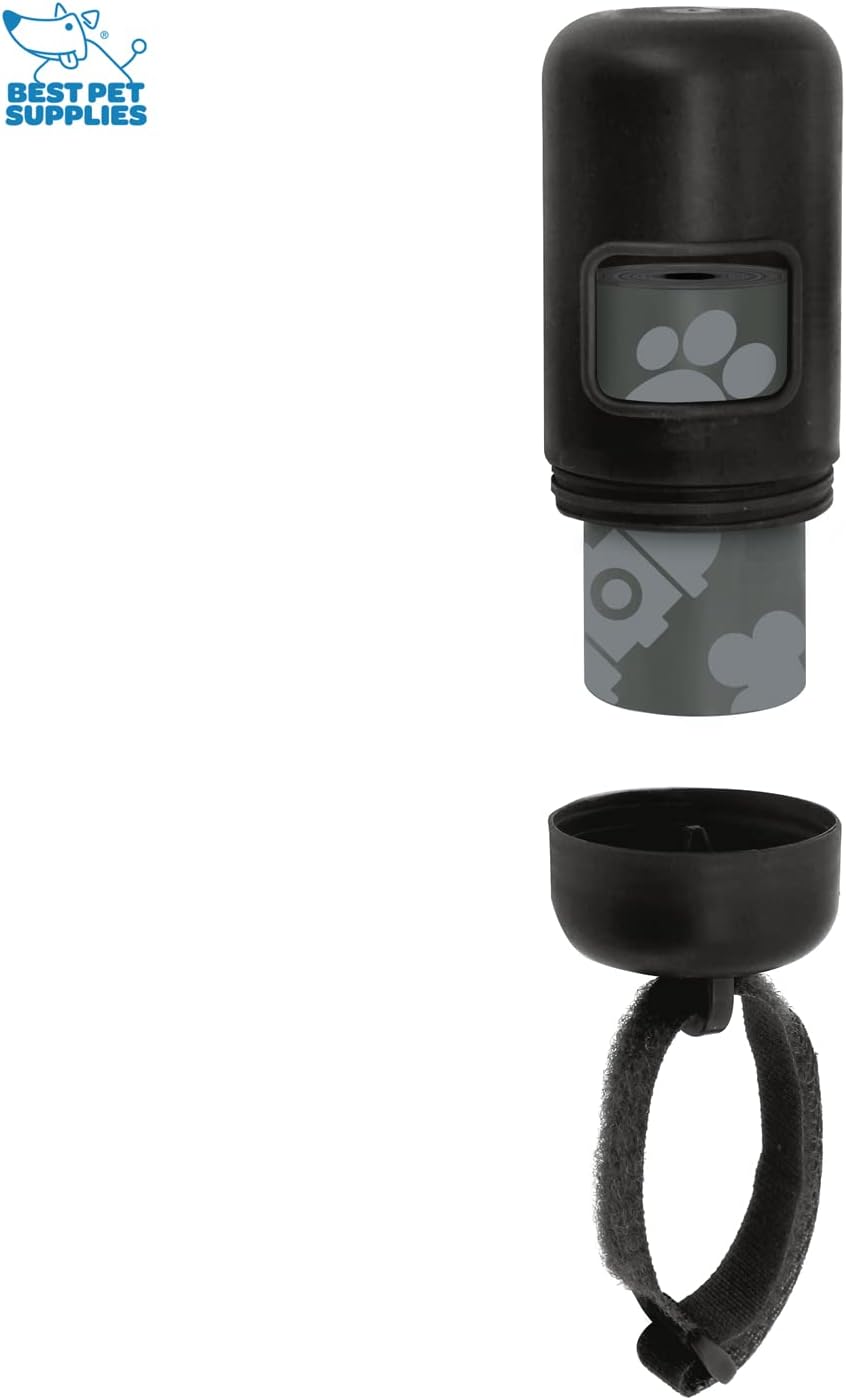 Black reusable dog waste bag dispenser attached securely to a leash handle.