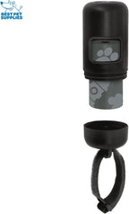 Black reusable dog waste bag dispenser attached securely to a leash handle.