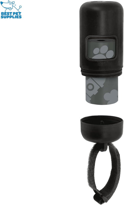 Black reusable dog waste bag dispenser attached securely to a leash handle.