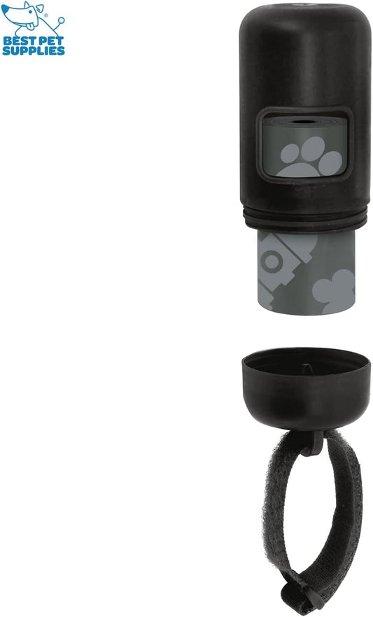 Black reusable dog waste bag dispenser attached securely to a leash handle.