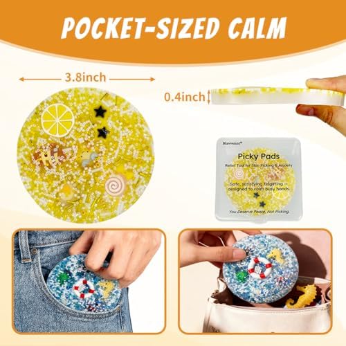 Person holding a compact round silicone picking pad in their palm to demonstrate portable size.