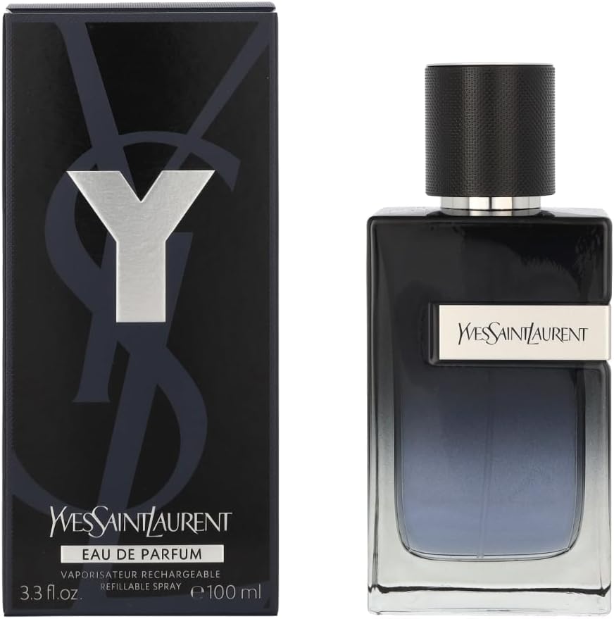 Yves Saint Laurent Y Eau de Parfum 3.3 Ounce front view bottle showcasing the sleek blue glass and metallic Y design.