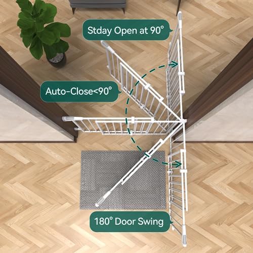 Adjustable width demonstration of the Babelio metal banister gate extending across a wide kitchen entry.