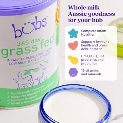 Bubs grass fed infant formula powder showing nutritional facts and clean label certification details.