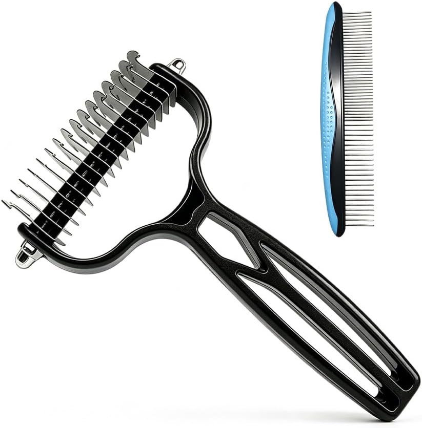 Double Sided Dematting Comb for Cats & Dogs, Undercoat Rake, Safe Deshedding Grooming Tool, Gentle Matt Remover Detangler for Long Thick Haired Pets, Ergonomic Pet Grooming Brush (Black) - Image 13