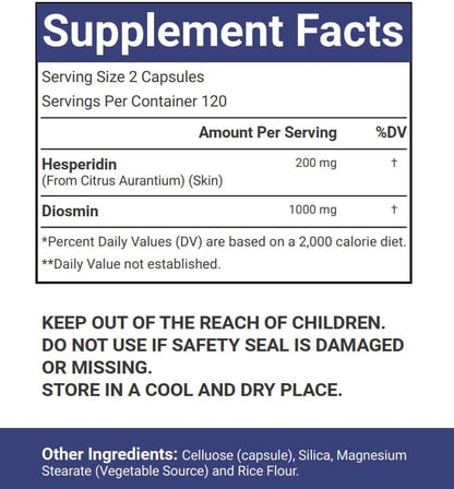 Close up of VitaCosmoX Diosmin Hesperidin 1200mg supplement packaging showing product specifications