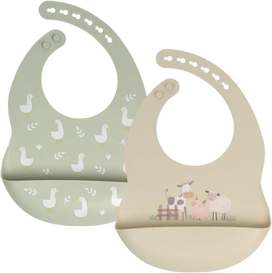 Little Rawr baby silicone bibs front view showing the deep food catcher pocket for toddler feeding