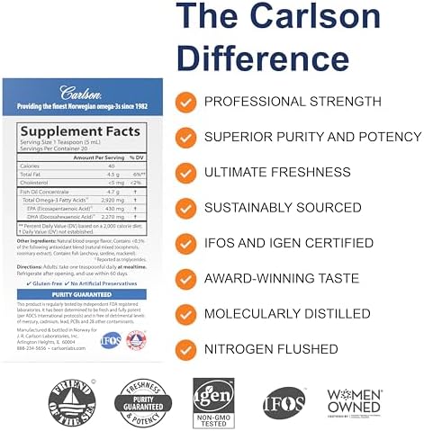 Carlson Elite DHA 100 milliliter orange flavor nutritional facts label