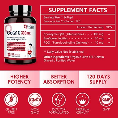 Nature Target Coenzyme Q10 with PQQ supplement bottle displaying supplement facts panel details