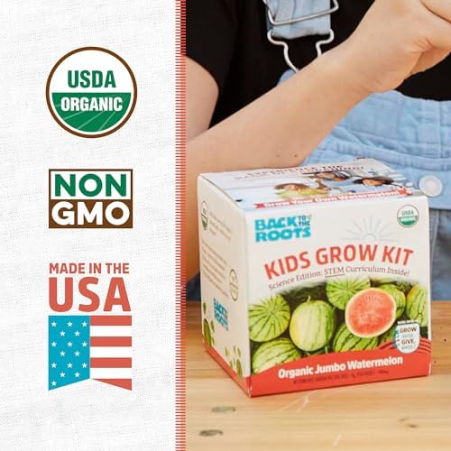 Back to the Roots organic STEM gardening set components including plantable starter pots and compressed soil discs.