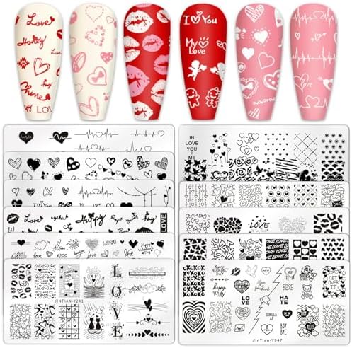 Generic 12 piece Valentine's Day nail art stamping plate kit front view
