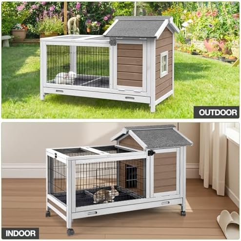 Wooden Rabbit Hutch Indoor and Outdoor, Rabbit Cage with Removable Wire Netting and Leak Proof Tray, Mobile Bunny Cage with Wheels (Brown) - Image 5