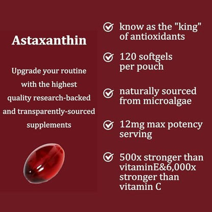 Back label of Rulviou astaxanthin capsules with clear nutritional facts and triple strength microalgae ingredient data