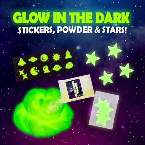 Original Stationery Galaxy Slime Kit contents showing glow-in-the-dark glue and star accessories.