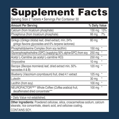 Side view of Advanced Memory Formula 60 tablets bottle highlighting USA manufacturing details