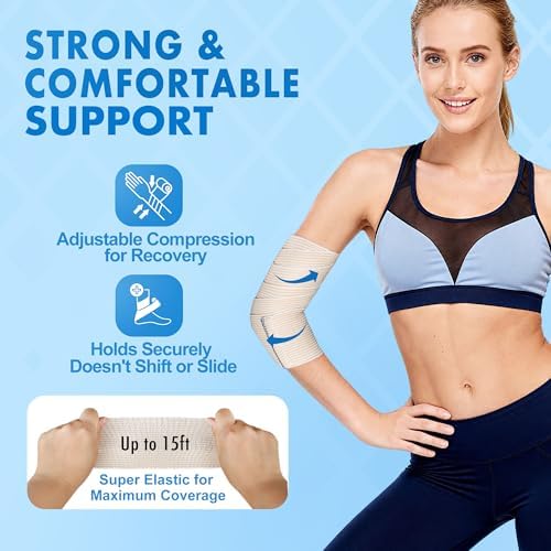 Four rolls of breathable latex free elastic bandages displayed with packaging.