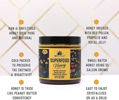 Authentic Honey Feast imported USA raw honey container showing natural texture