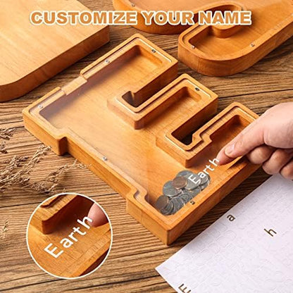 Close up of smooth oak wood craftsmanship and secure screws on letter money bank.