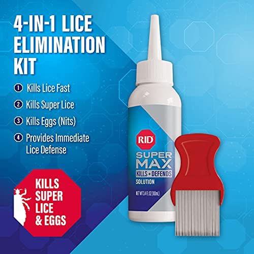 RID Super Max pesticide-free lice solution bottle and metal nit removal comb.