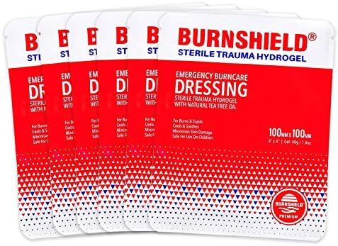 Detailed back label of Burnshield 4x4 dressing with usage instructions and ingredients.
