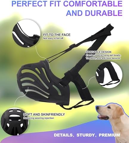 Black silicone anti biting dog muzzle with secure neck buckles