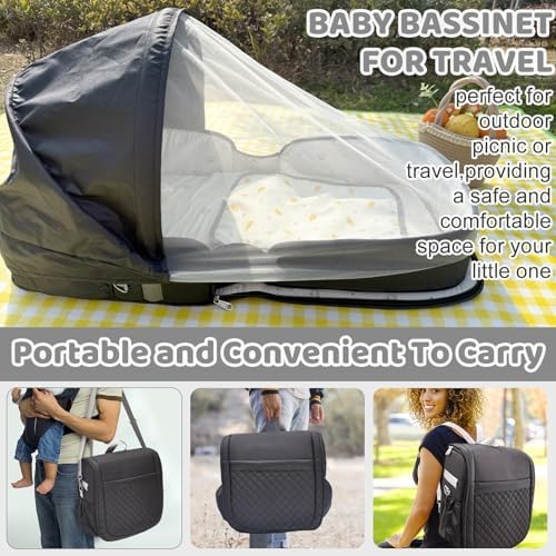 YVMVDV newborn travel bed setup as an outdoor nursery showing the included thick soft diaper changing pad.