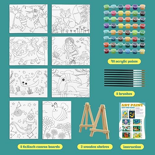 Goldentime children acrylic art set revealing individual paint pots and paintbrushes included in the bundle