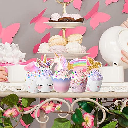 Display of 60 pieces unicorn cupcake toppers and wrappers
